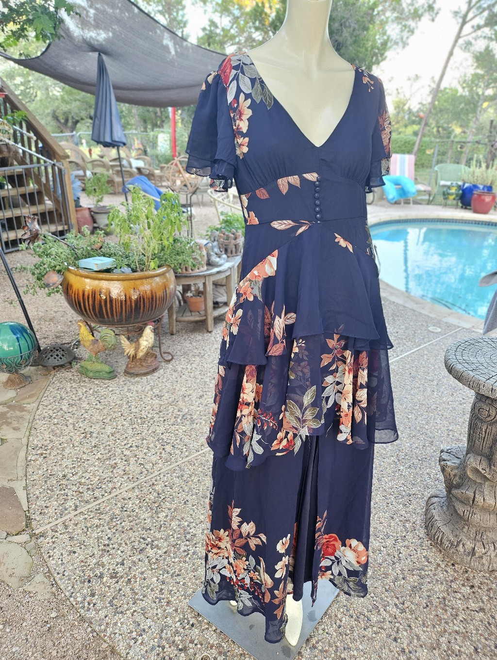 New W Tag Lulus Navy Floral Tiered V-Neck Maxi Dress Xs Please Read